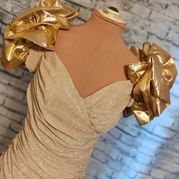 Stunning gold on gold Zum Zum vintage 80s ruched Body Con mini Dress poufy  SM - Picture 11 of 13